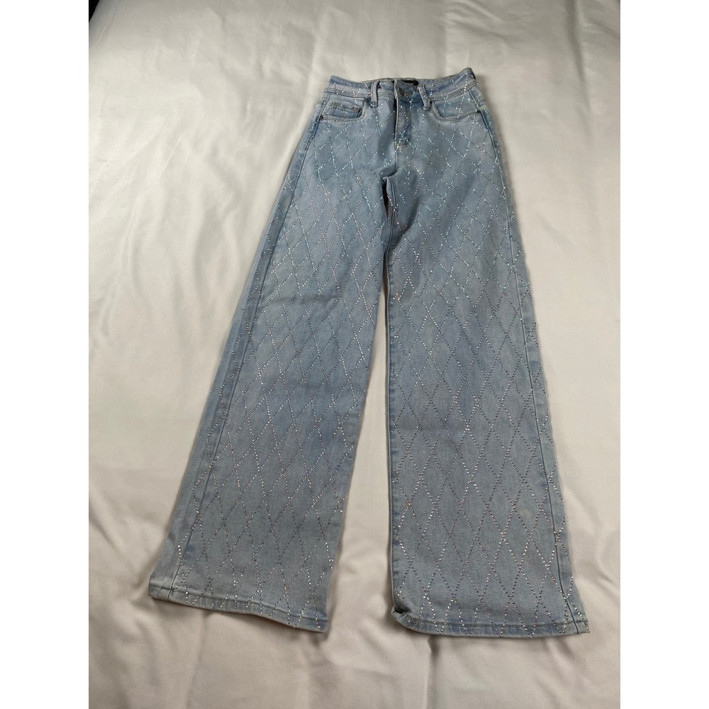 Fire & Rain Rhinestone Wide Leg Jeans Womens 1 Light Blue Excellent Diamond Grid